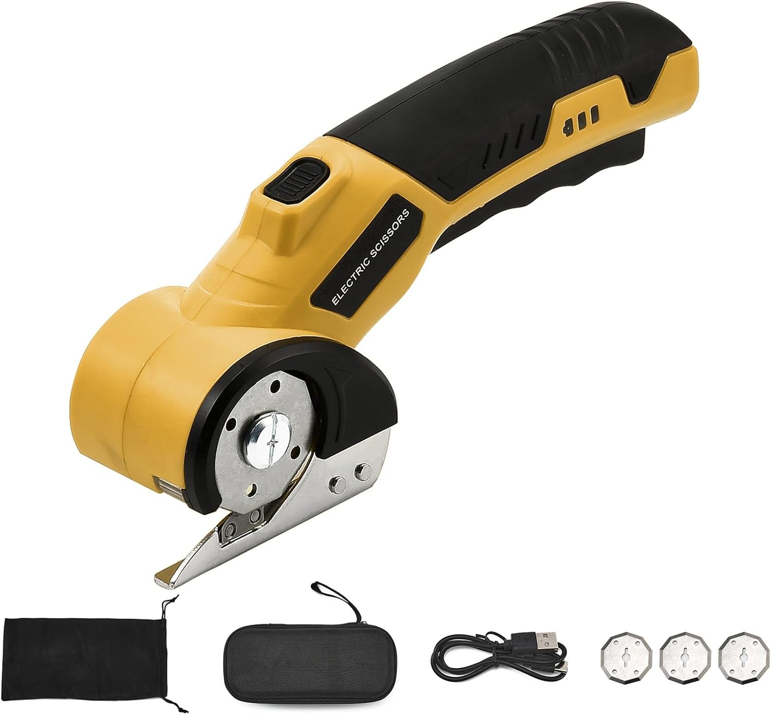 XhuangTech Cordless Electric Scissors with LED Light, 8.07’’×1.37’’ Rechargeable Cardboard Scissor Low Noise Portable, Powerful Rotary Cutter for Leather Sewing Crafting Carpet DIY Projects (Yellow)