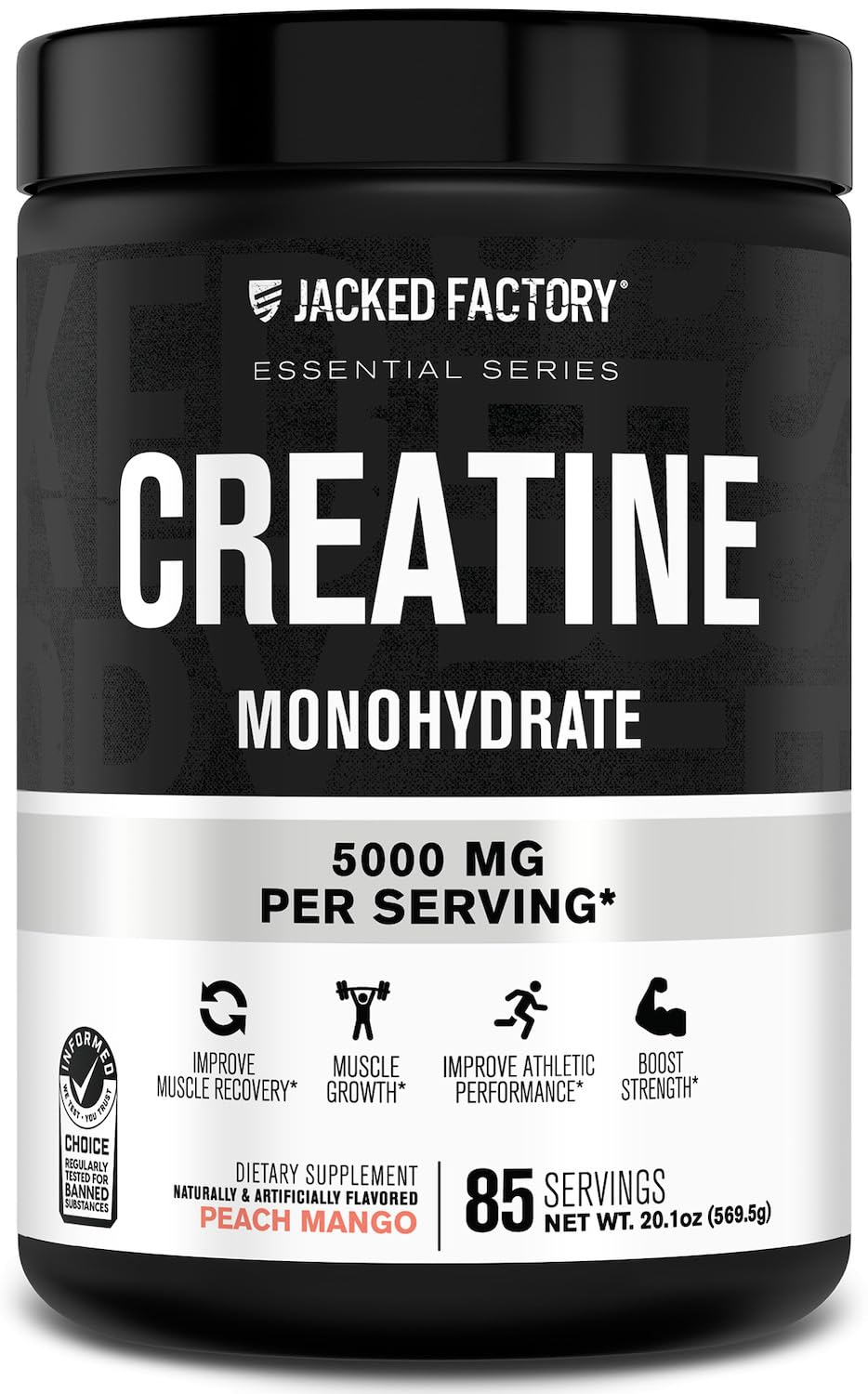 Jacked Factory Creatine Monohydrate Powder 425g - 5g Daily Micronized Creatine Monohydrate for Men and Women, Vegan-Friendly, Third-Party Tested - 85 Servings, Peach Mango Peach Mango 85 Servings (Pack of 1)