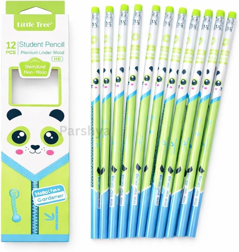 Premium HB Wood Pencils Set for Kids - Pack of 12 Dark Graphite Pencils with Eraser Toppers, Non-Toxic Triangular Grip for Smooth Writing, School Return Gift (Panda)