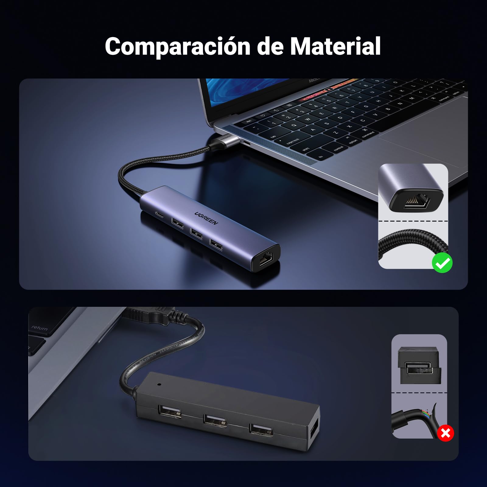 UGREEN Hub Ethernet USB 3.0 1000Mbps Concentrador RJ45 con 3 Puertos Adaptador de Red LAN Gigabit Convertidor Carcasa de Aluminio Cable Trenzado Plug y Play en Windows 11 10 8 Mac OS