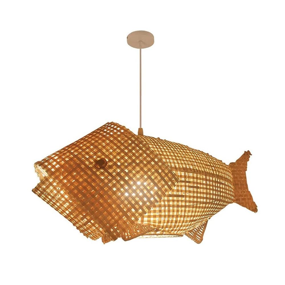 Bloohk One Color Fish-Shaped Bamboo Pendant Light, Handwoven Wicker Hanging Lamp
