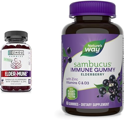Miniatura 1 de Zhou Nutrition Elder-Mune Sambucus Gomitas de saúco con zinc y vitamina C para niños y adultos y Nature's Way Sambucus gomitas inmunes de saúco,