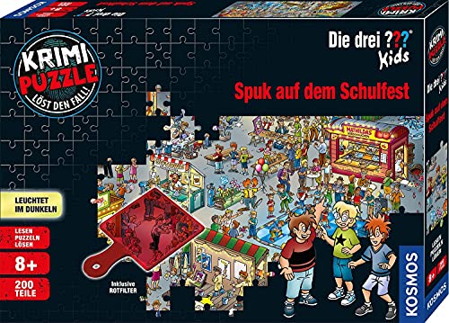 KOSMOS 697983 Krimi Puzzle Die DREI ??? Kids Spuk auf dem Schulfest, Leuchtet im Dunkeln, 200 Teile, Lesen, Puzzeln, Rätsel...