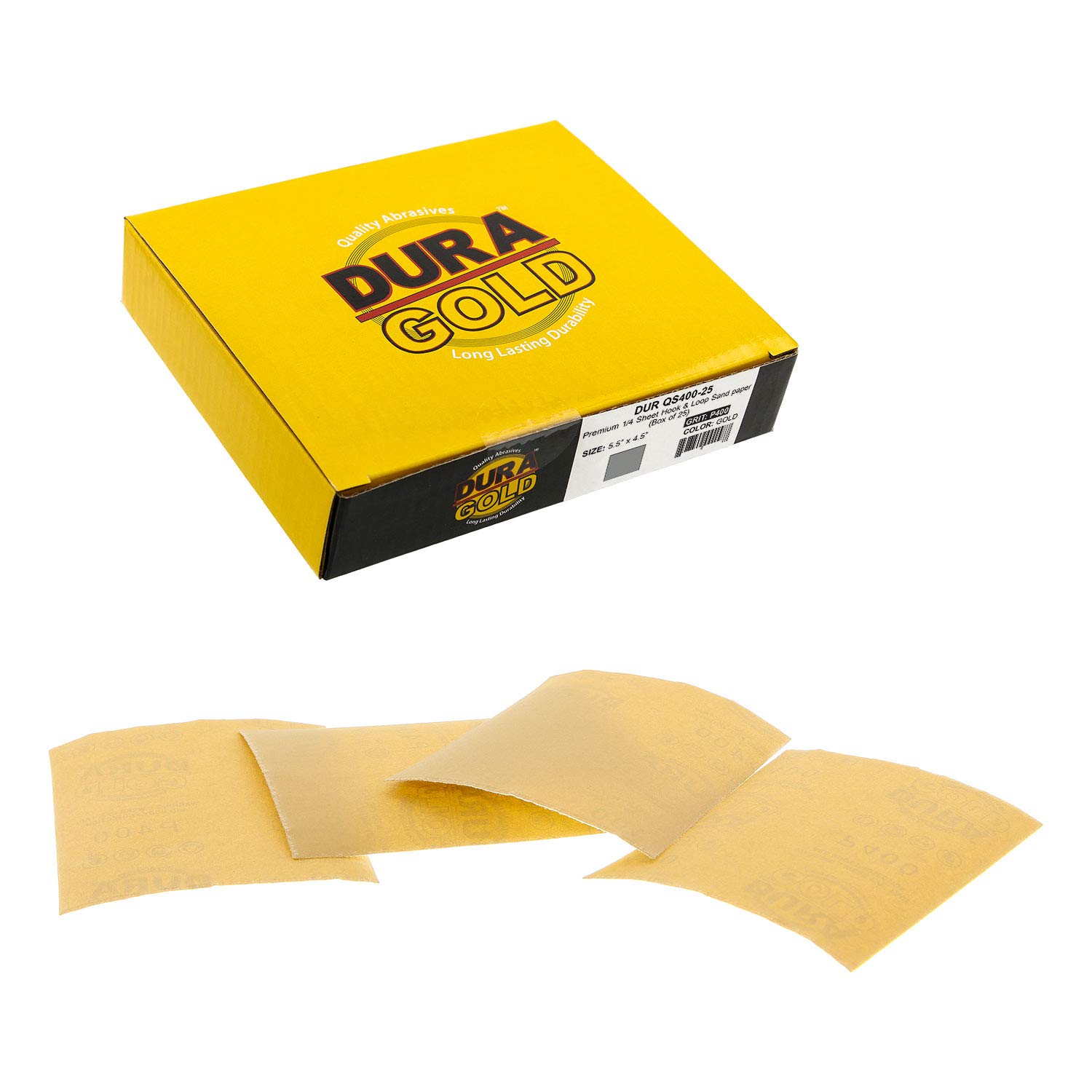 Dura-Gold Premium 1/4 Sheet Gold Sandpaper Sheets, 400 Grit (Box of 25)