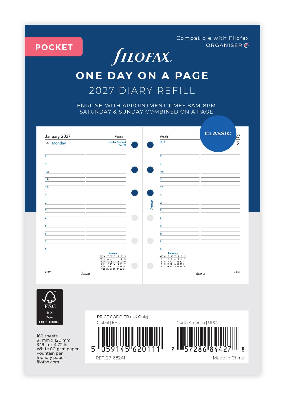 Filofax Pocket Day per page English appointments 2027 diary 27-68241