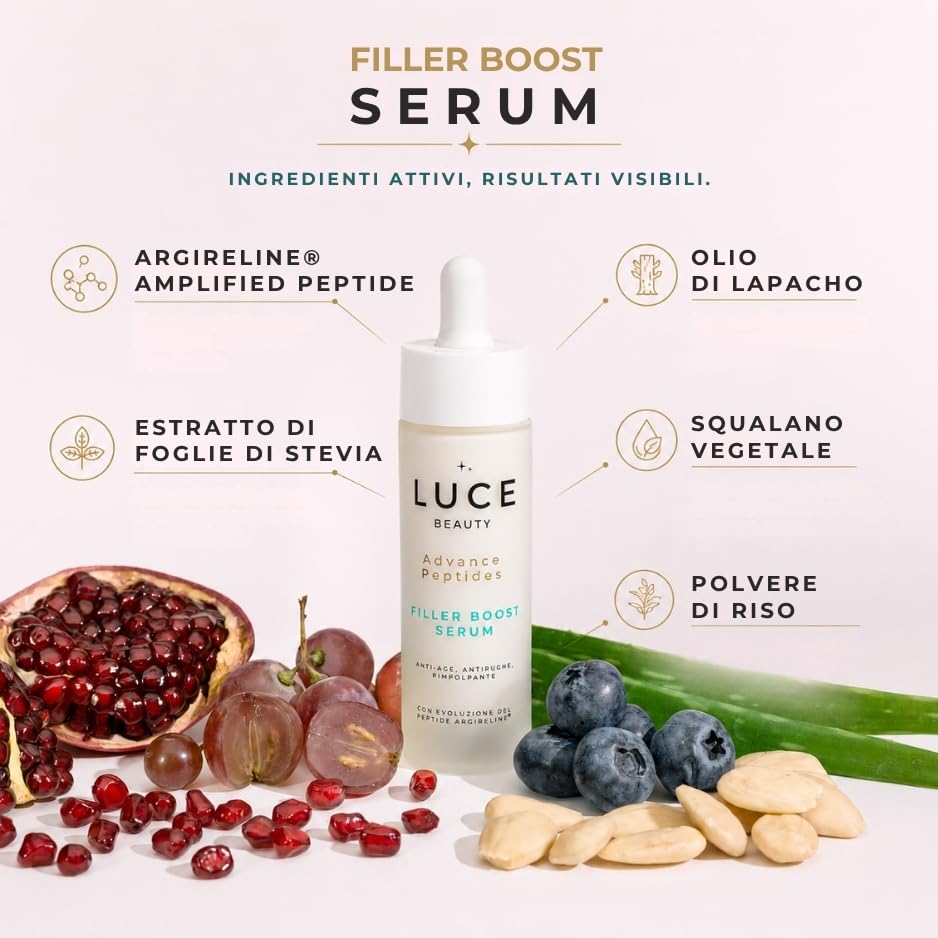 Luce Beauty Filler Boost Serum - Siero viso Rimpolpante, Anti Rughe ad Effetto Filler, Per pelli secche e normali, con Argireline® Amplified Peptide e Olio di Lapacho - 30 ml