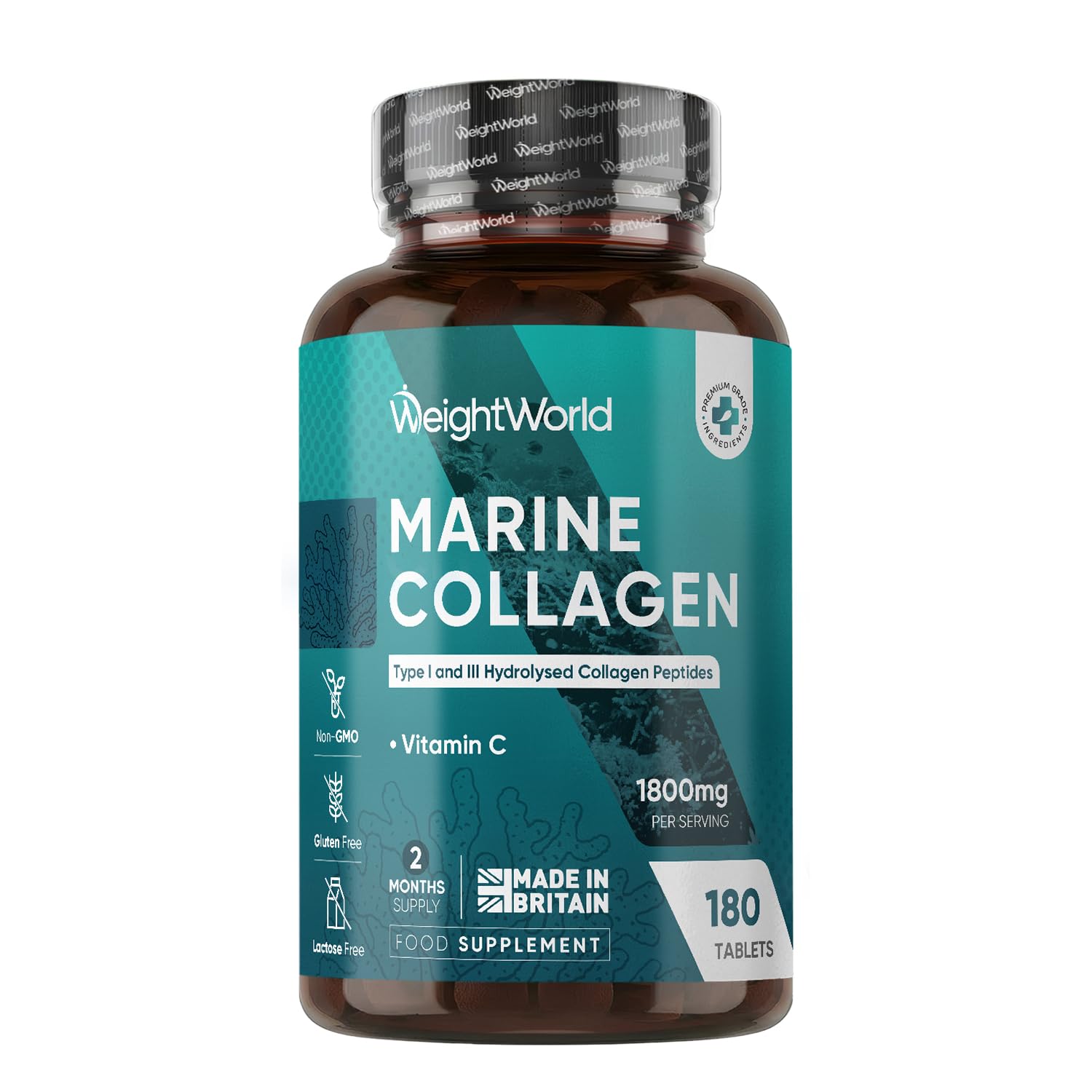 Hydrolysed Marine Collagen Tablets 1800mg - 2 Months Supply - Type I & III Peptides - with Vitamin C - 180 Tablets - Gluten-Free & Lactose-Free Collagen Supplements for Women & Men - Made in The UK