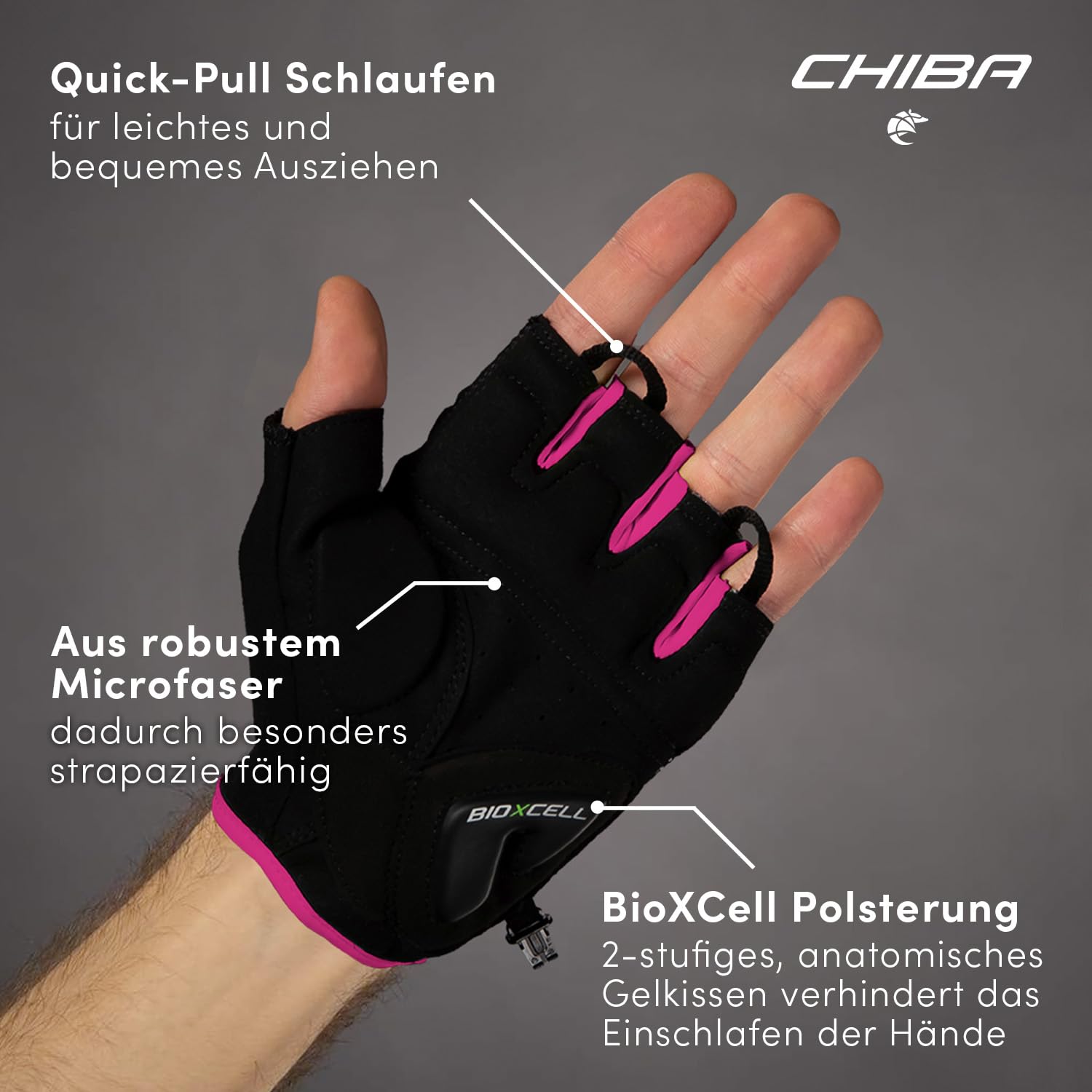 Chiba BioXCell Super Fly | Langlebige Sommer Rad Handschuhe für Damen & Herren | Anatomisches Gelkissen | Robuste Microfaser | Atmungsaktive Stricktechnologie | Stilvoll in Schwarz/Pink