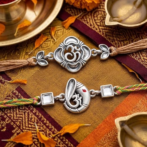 Image of CraftVatika Silver Rakhi for Brothers with Gift, Designer Om Ganesha Rakhi Combo Set of 2, Rakhis for Rakshabandhan, Raki with Fridge Magnet Gift, Best Wishes Card and Tillak Set, Premium Threads