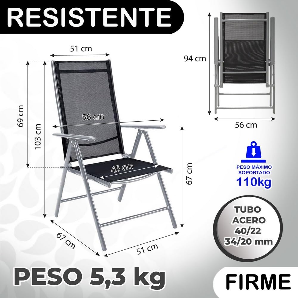 LOLAhome 2 sillas Camping jardín y terraza Plegables y reclinables de 7 Posiciones de Acero Gris con Epoxi anticorrosión y textileno Reforzado Negro