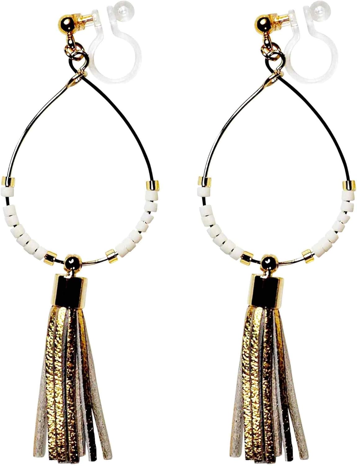 Elegant Faux Leather Fringe Invisible Clip On Earrings Dangle For Women Beaded Ethnic Non Piercec Clip On Hoop Earrings