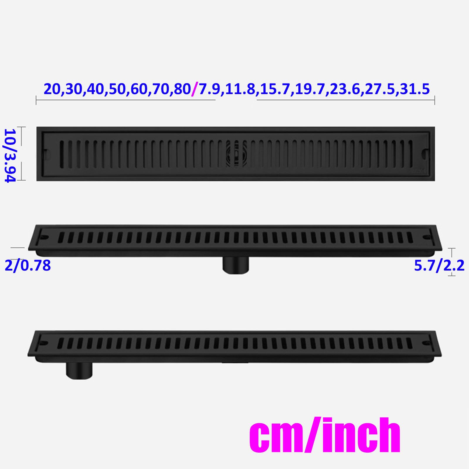 Caniveau De Douche en Acier Inoxydable,Siphon Douche Italienn avec Couvercle De Amovible,Caniveau Douche Italienne avec Filtre À Cheveux,Noir,10 * 40cm
