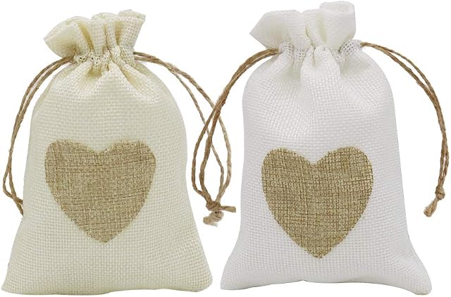 Small Burlap Heart Gift Bags with Drawstring, 20pcs Jute Cloth Favour Pouches 10 x 14.5cm for Wedding Shower Party Christmas Valentine's Day