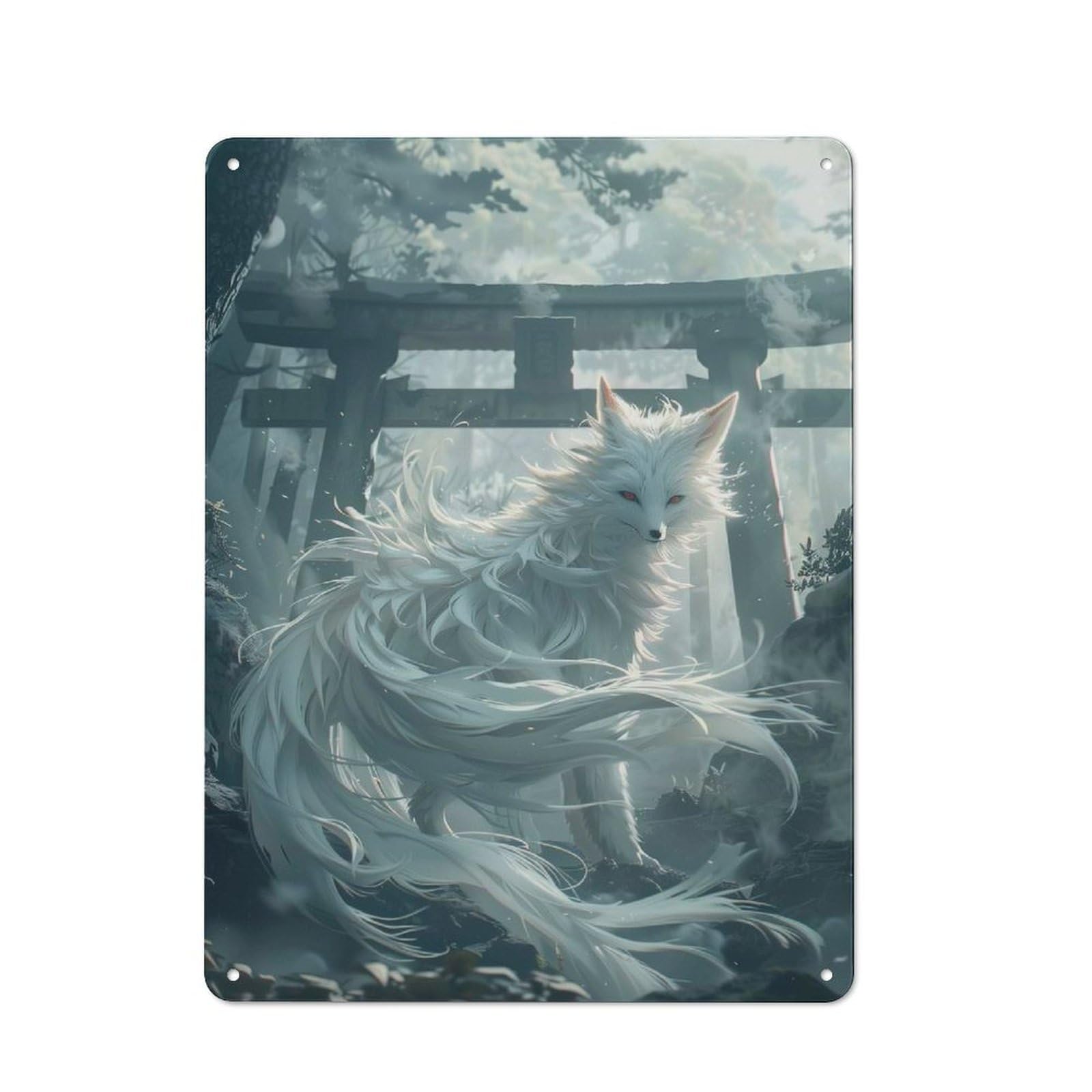 Metal Wall Sign with Mystic Kitsune Gateway Design 40x30cm, Modern Retro Urban Room Decor for Workspace, Cafe, Hallway Or Garage