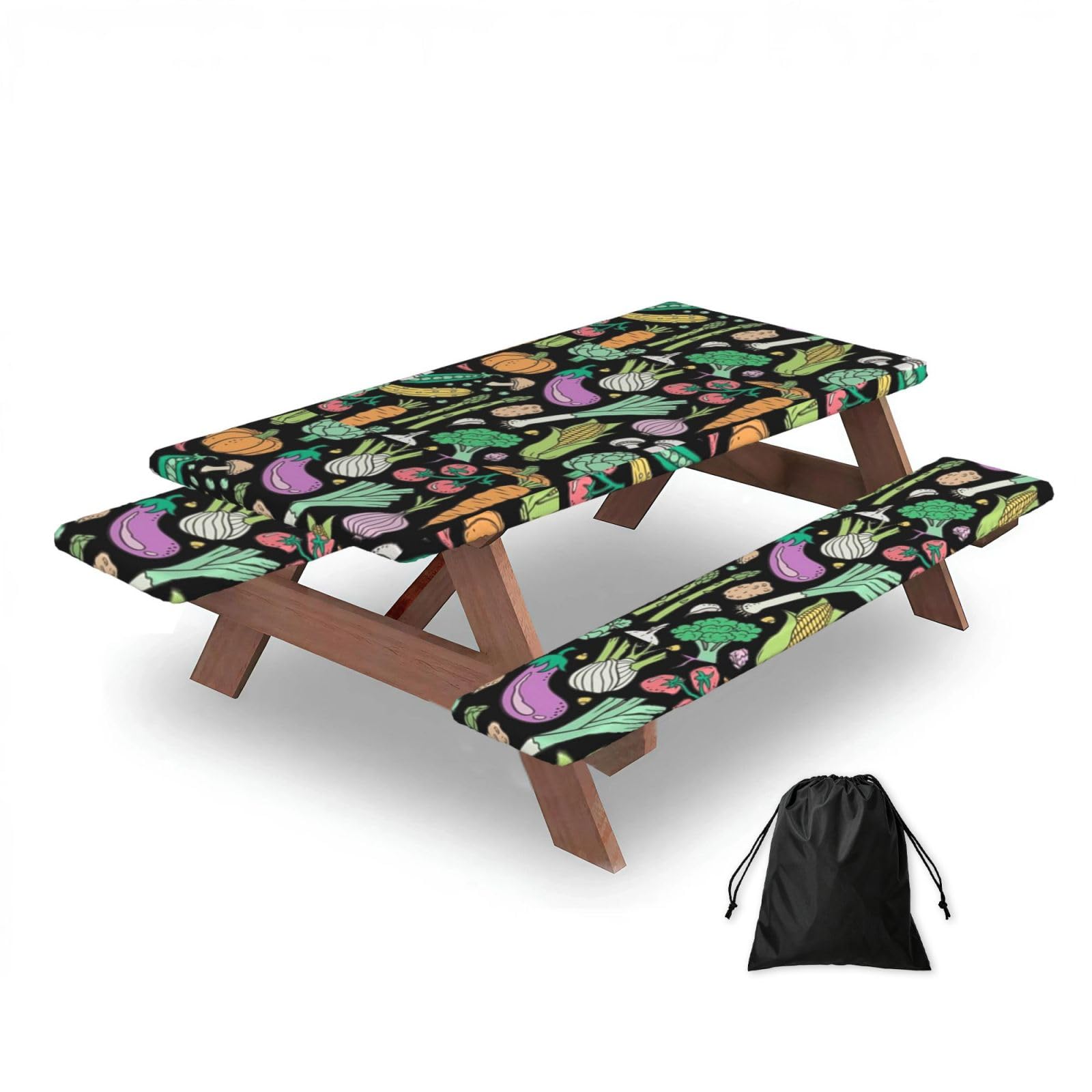 Dopklna As Picture Vegetables Food Doodle On Dark, Picnic Table Cover With Bench Covers -Waterproof Elastic Fitted Tablecloth For Garden Camping Patio 76X152cm