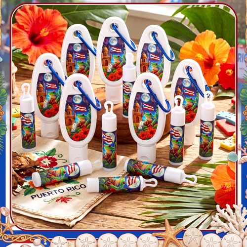 Demissle 12 Set Puerto Rico 12 Mini Travel Size Sunscreen 12 Sunscreen Lip Balms Puerto Rico Flag Frog Sunblock Souvenirs with Carabiner for Outdoor Summer Party Favors Supplies 30ml