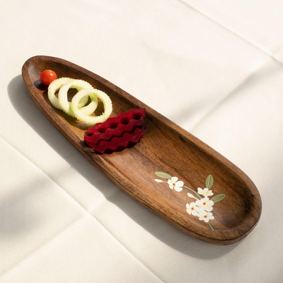 Bella Handpainted Wooden Sleek Platter |Premium Mango Wood Rectangular Serving Tray |Appetizer Plate |Snacks Serving Platter for Home Kitchen and Cafe Restaurant (14.25x4.25x0.6 in)