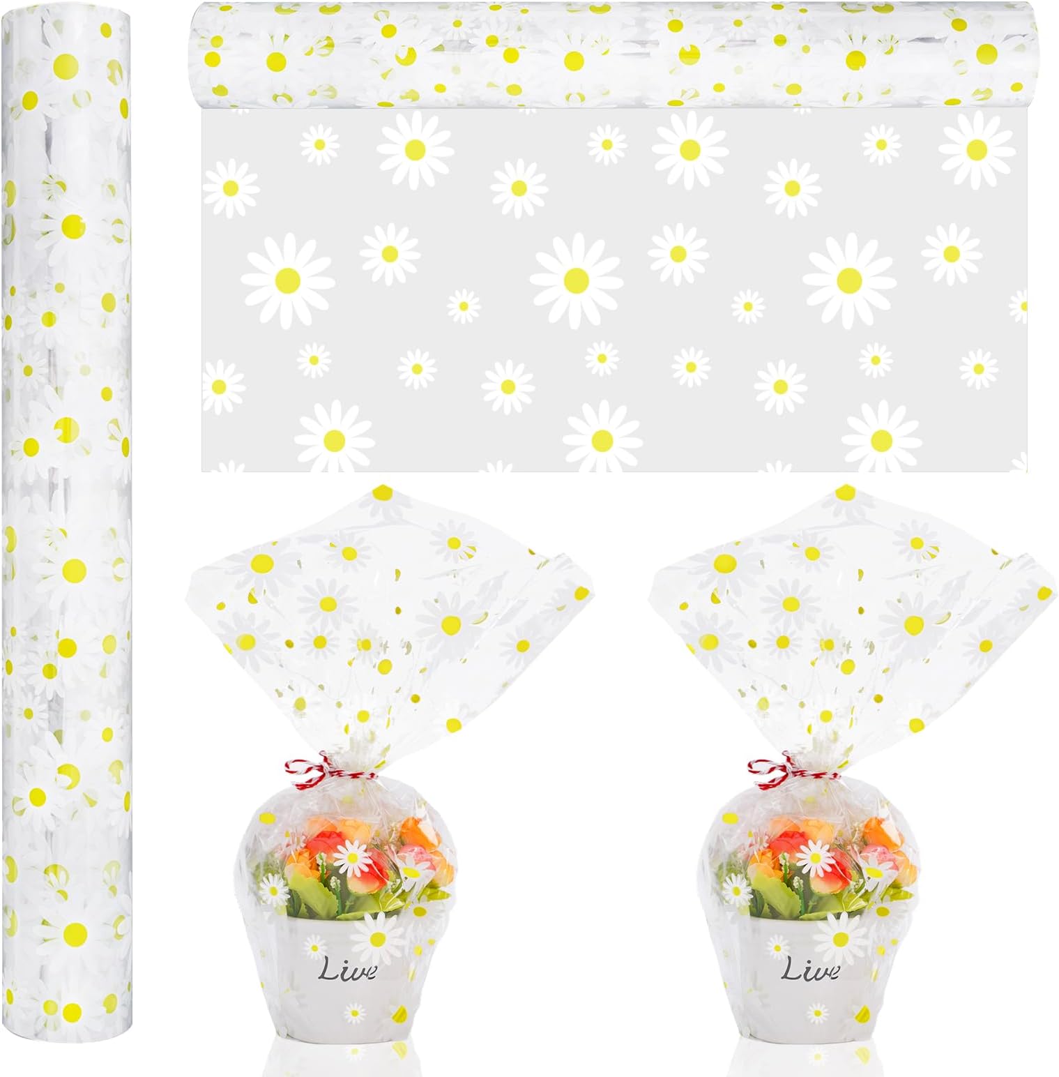Whaline Daisy Cellophane Wrap Roll 100ft x 16 In 2.5Mil Thick Cellophane Paper Crystal Floral Clear Cello Wrapping Paper for Spring Treats Gifts Bouquet Flower Basket Party Favor