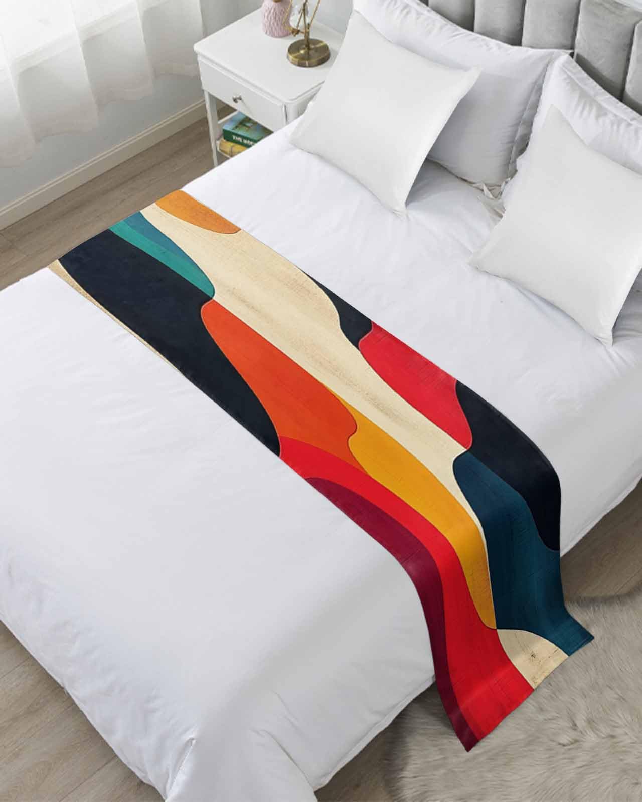 Abstract Geometric Bed Runner for Cal. King Size, Modern Aesthetics Vintage Bedspread Protector Slipcover Bed Scarf for Foot Runners & Scarves for Bedroom Hotel Wedding Room 94x20 Inches