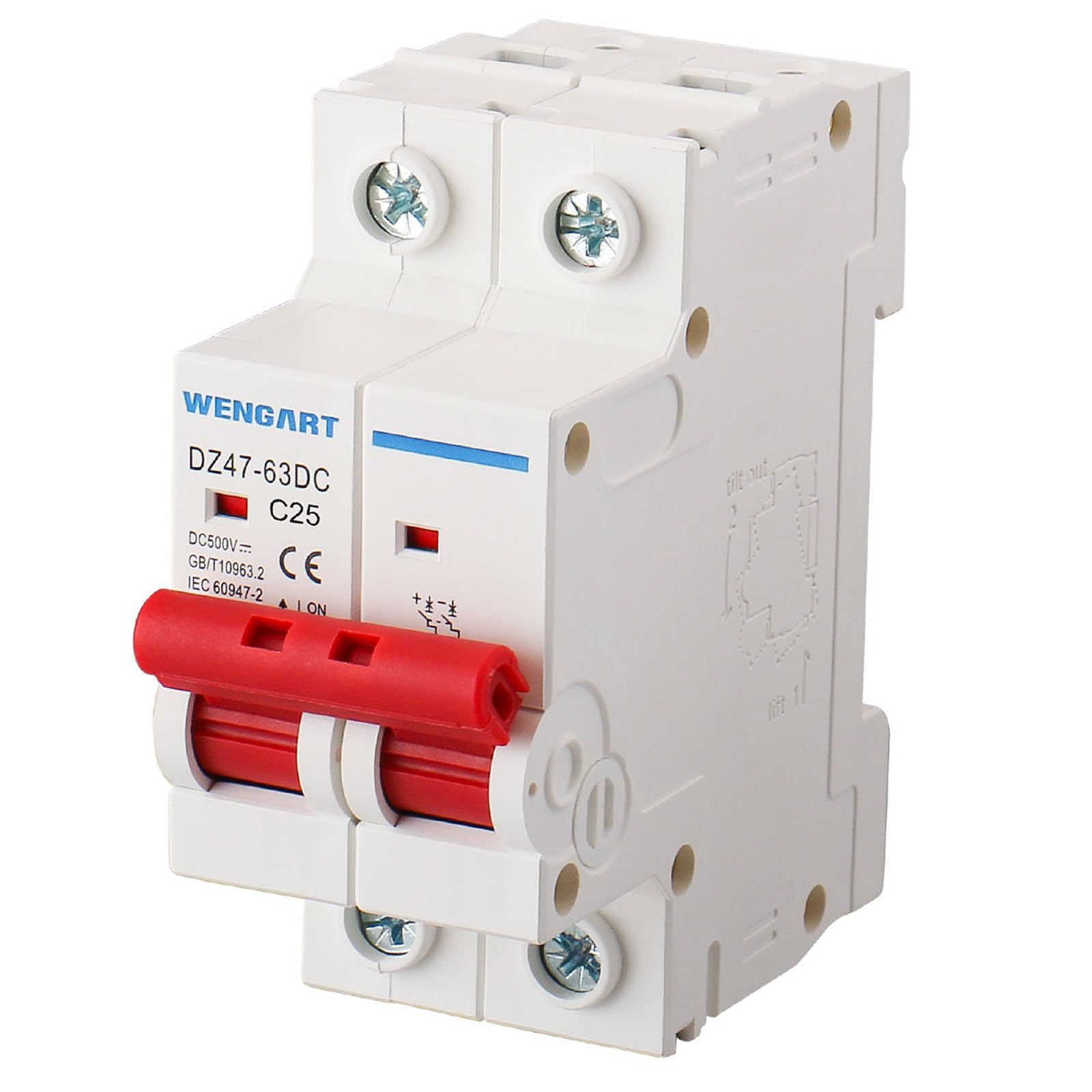 Wengart DC Miniature Circuit Breaker DZ47-63Z, 500V 2 Poles 25A, Work for Battery and Solar PV Systems and Other DC Systems, DIN Rail Mount,