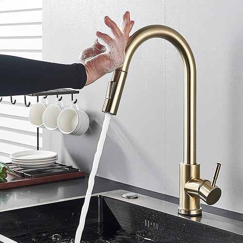 Touch Sensor Kitchen Faucet Matte Black Pull Down Mixer with Dual Water Modes Hot & Cold Elegant Brushed Gold Finish for Modern Kitchens Smart &