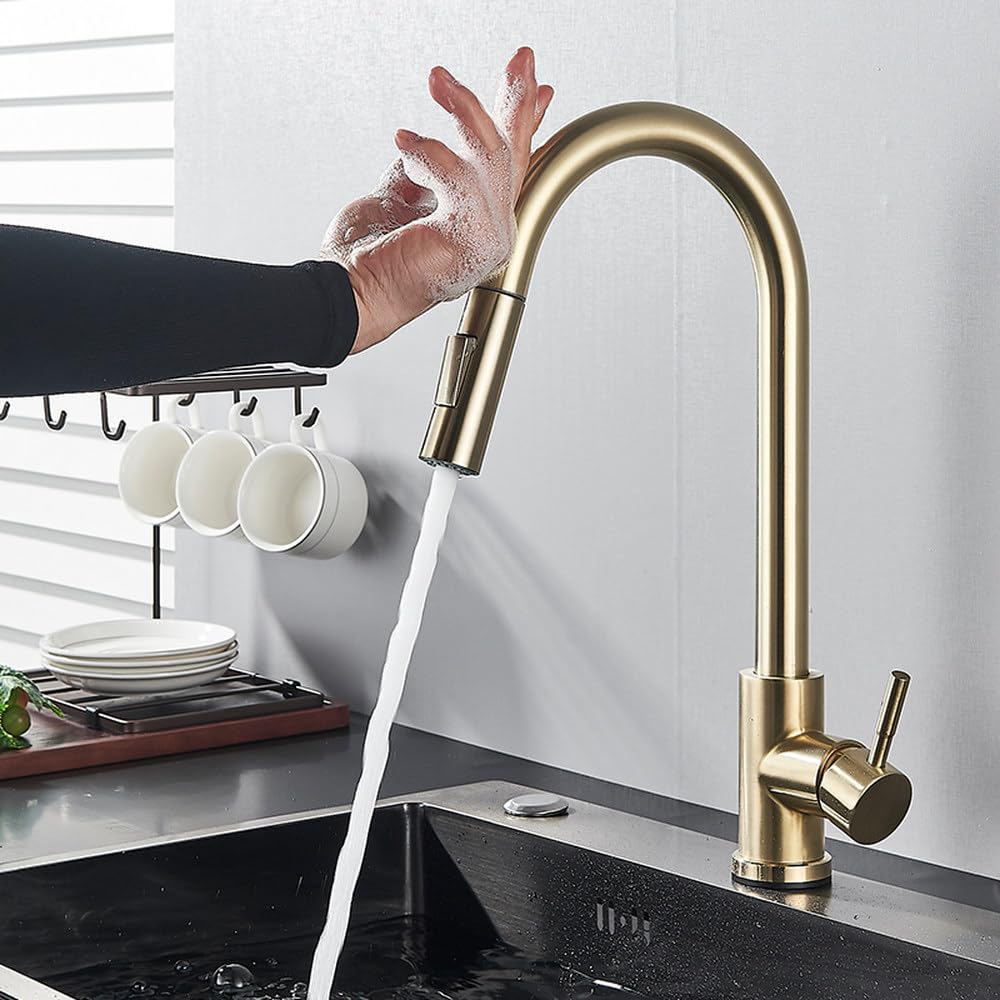 FCXWEVR Matte Black Touch Sensor Kitchen Faucet with Pull Out Sprayer Smart Sensor Double Water Mode Mixer Tap Rotatable Hot Cold Crane Brushed Gold Finish