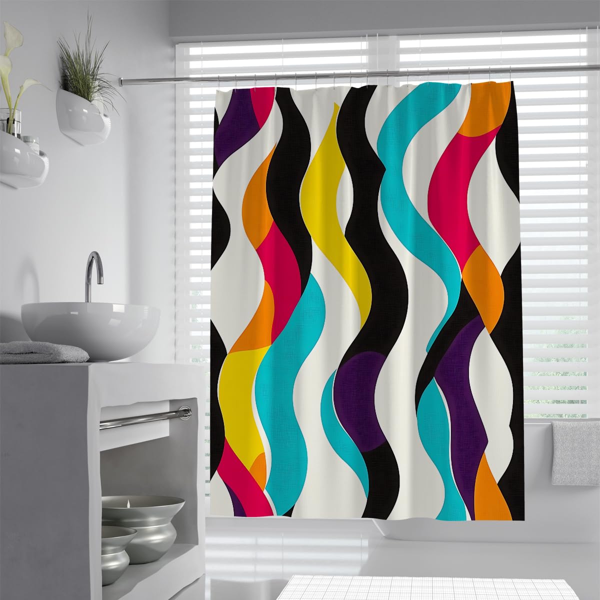 UIRINGART Mid Century Retro Waves Shower Curtain W180xL200cm Modern Abstract Geometric Interlocking Ribbons Waterproof Anti Mould For Bath Tub Bathroom Screen With Hook