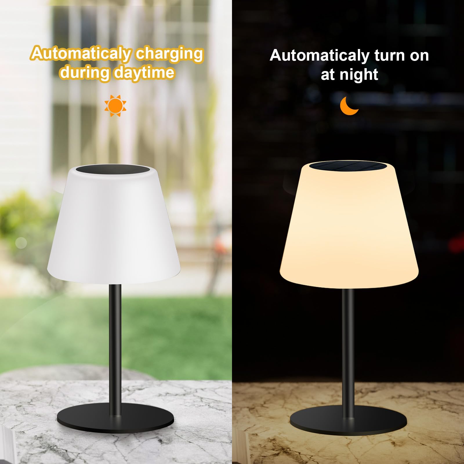 Solar Tischlampe Outdoor lampe akku led Solar tischleuchte kabellos Tischlampe Dimmbar Warmweiß+RGB Solartischlampen mit Lichtsensor Solarlampen für Innen/Außen、Garten、Terrasse.