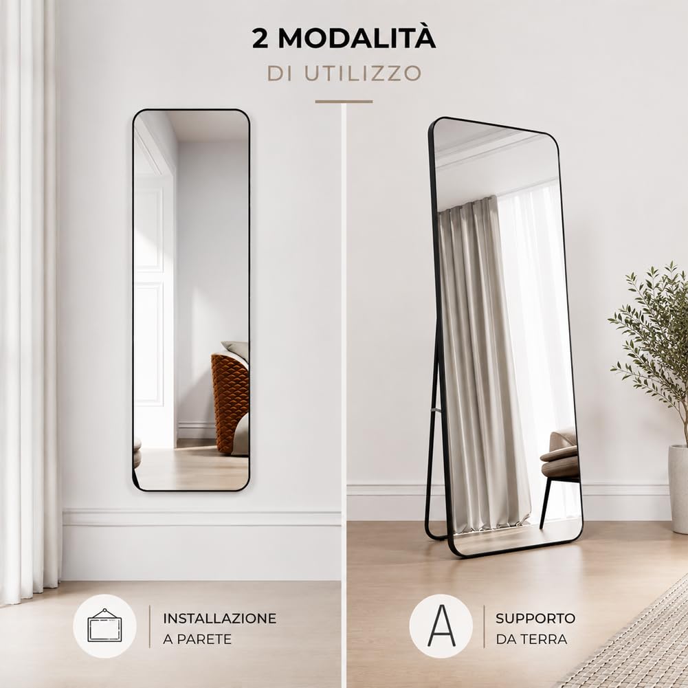 Shally Dogan Specchio da Terra e da Muro Rettangolare, Stand Autoportante Indipendente e da Parete, Decorazione Interna, Design Minimal, Figura Intera e Cornice in Alluminio, 155 x 45 cm, Nero