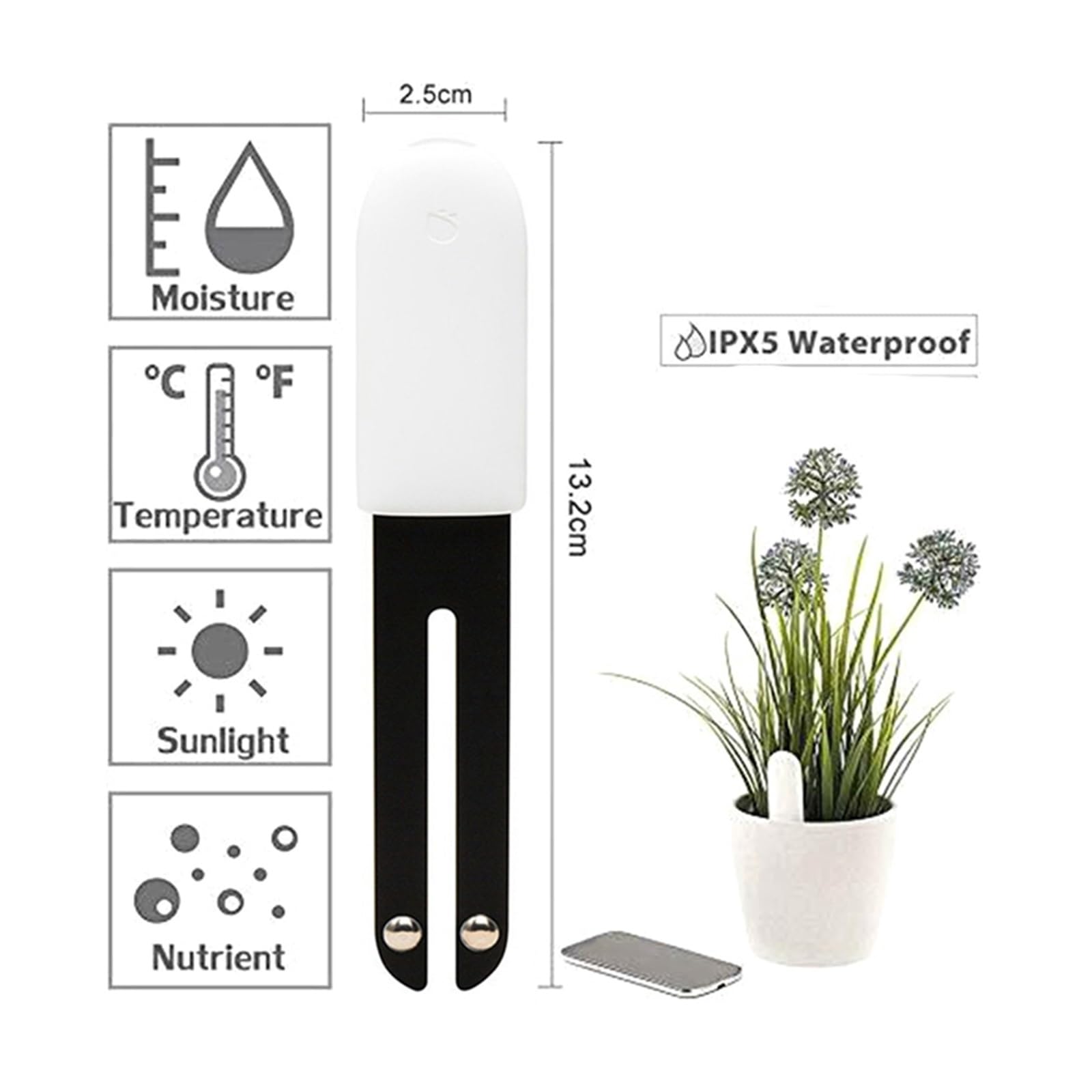 Monitor de Plantas de Flores, rastreador de Prueba de Suelo, Monitor Inteligente Bluetooth for Temperatura de fertilidad de Humedad Ligera(White)