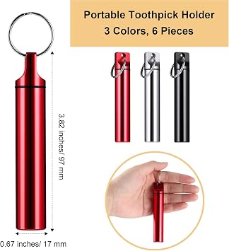 Pelopy 6 Pcs Metal Portable Toothpick Holder Dispenser Aluminum Alloy Pocket Toothpick Holder Box Small Toothpick Case Toothpicks Container with Keychain for Camping Travel Picnic Purse, 3 Colors
