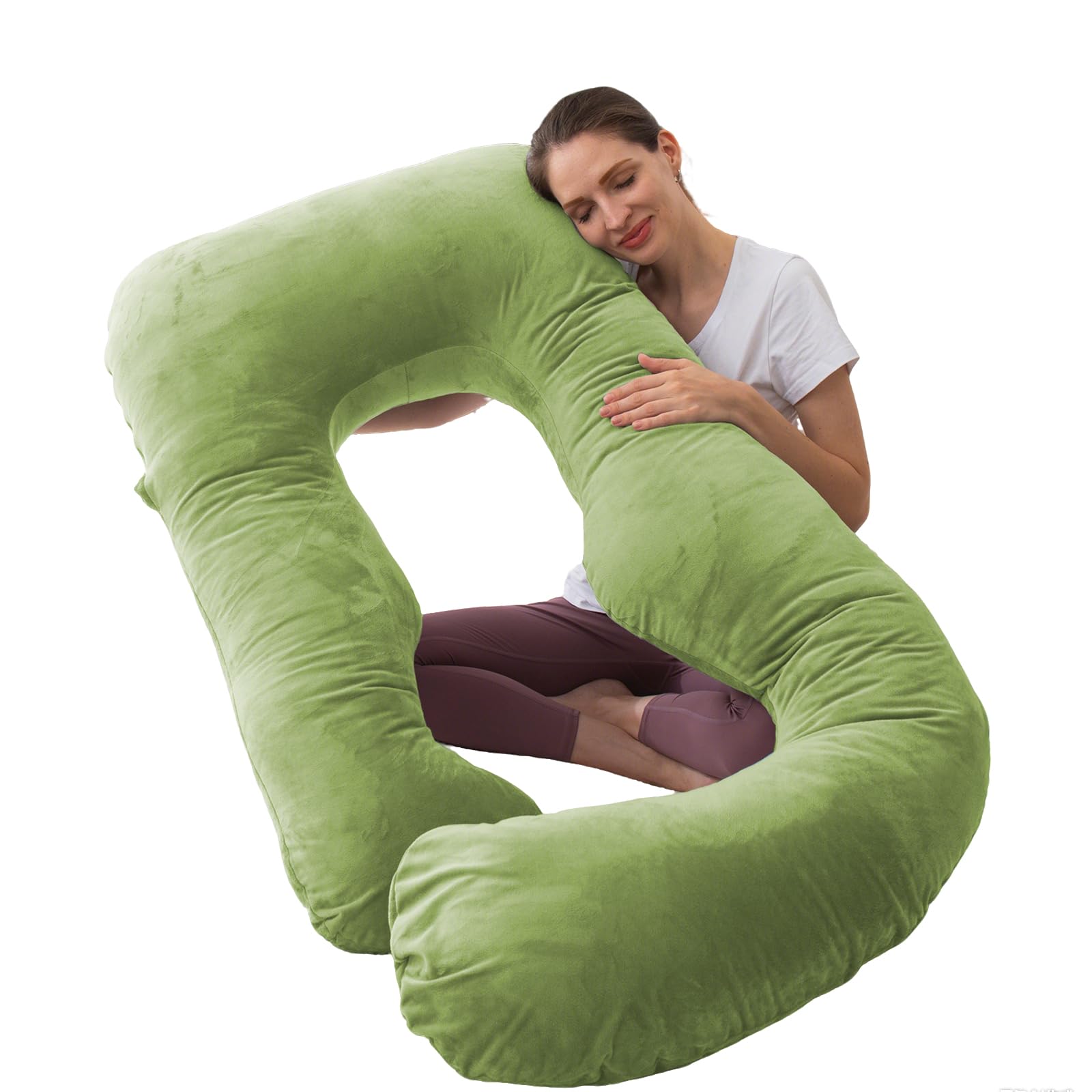 U Shaped Full Body Pregnancy Pillow with Removable Cover for Maternity Women,Pregnancy Pillows for Sleeping,Support for Back, Legs, Belly,55 Inch Pregnancy Pillow for Women (Cotton, Grass Green)