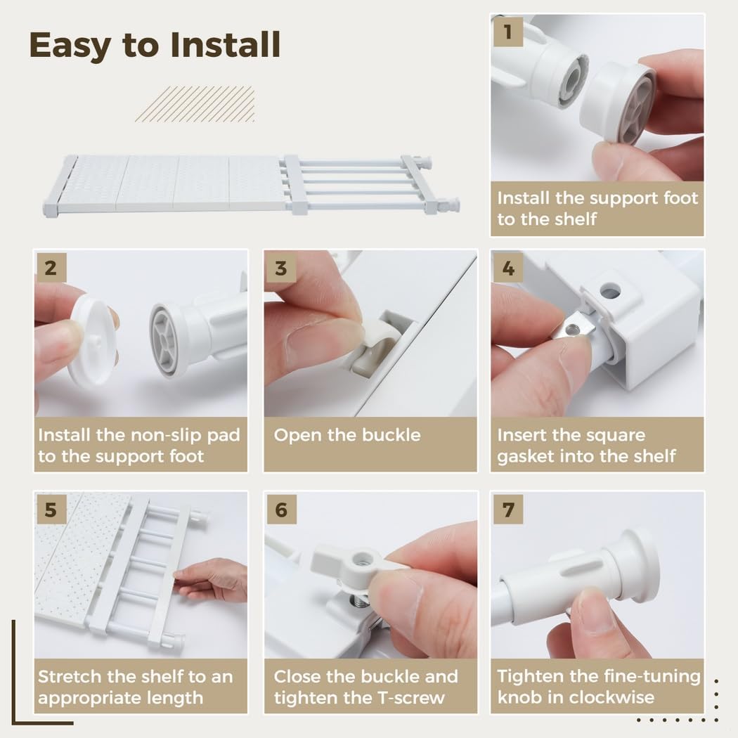 Expandable Shelf Organizer for Closet, Adjustable Tension Rod Storage for Wardrobe, Kitchen, Bathroom
