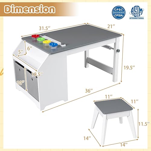 Miniatura 3 de HONEY JOY Juego de mesa y silla de arte para niños, juego de actividades de artesanía de madera con rollo de papel, estante de almacenamiento,