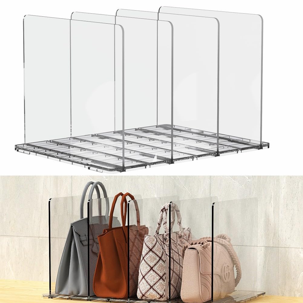 frtzal Purse Organizer for Closet, Shelf Dividers for Closet Organization Adjustable Plastic Handbag Organizers for Closets Purse Storage Organizer (4 layers Tra)