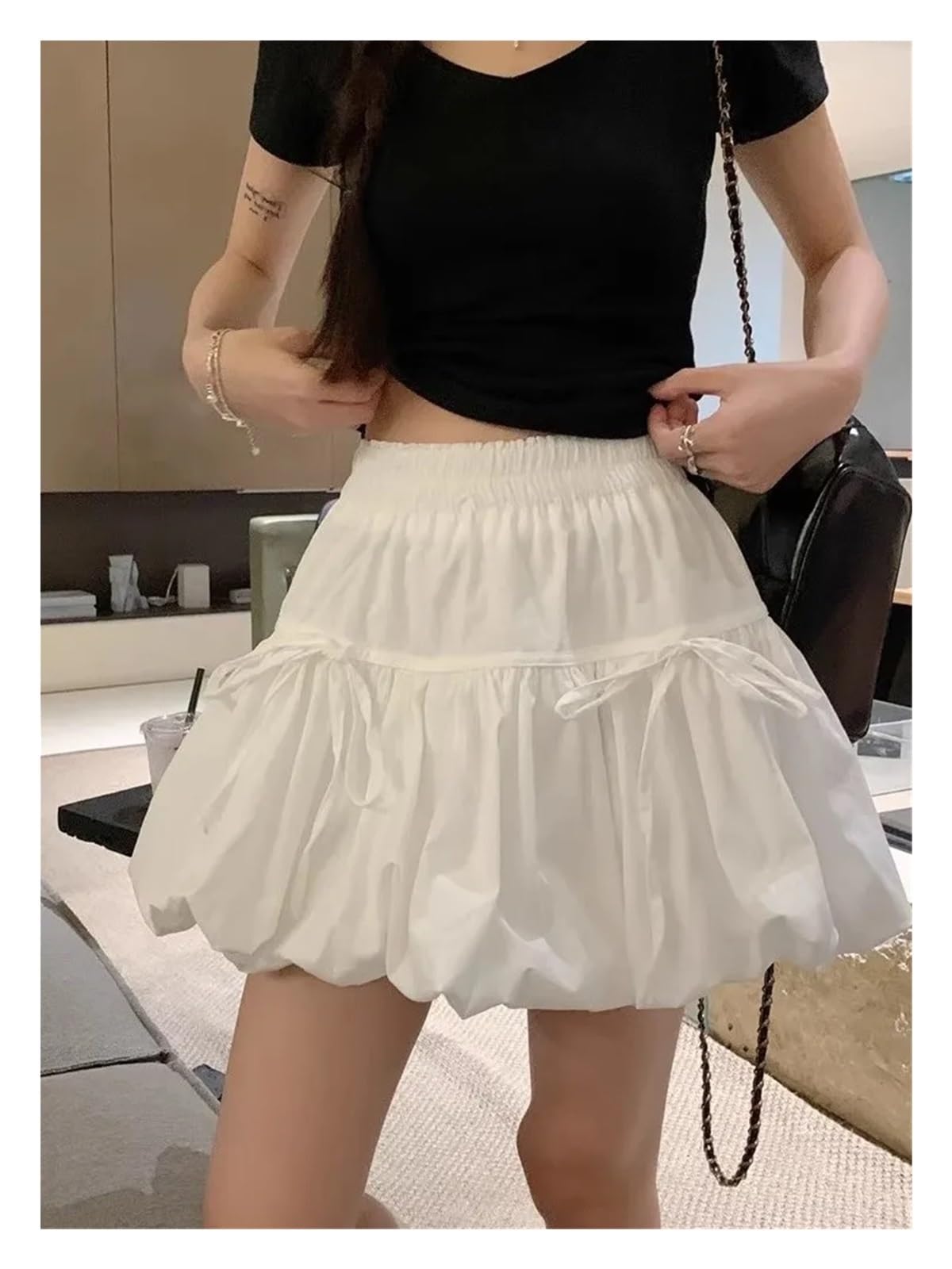Minifalda Esponjosa Falda abullonada de Verano 2 Piezas for Mujer con Lazo, Corte A, Capullo Flores, Cintura Alta, Informal para Damas(S)