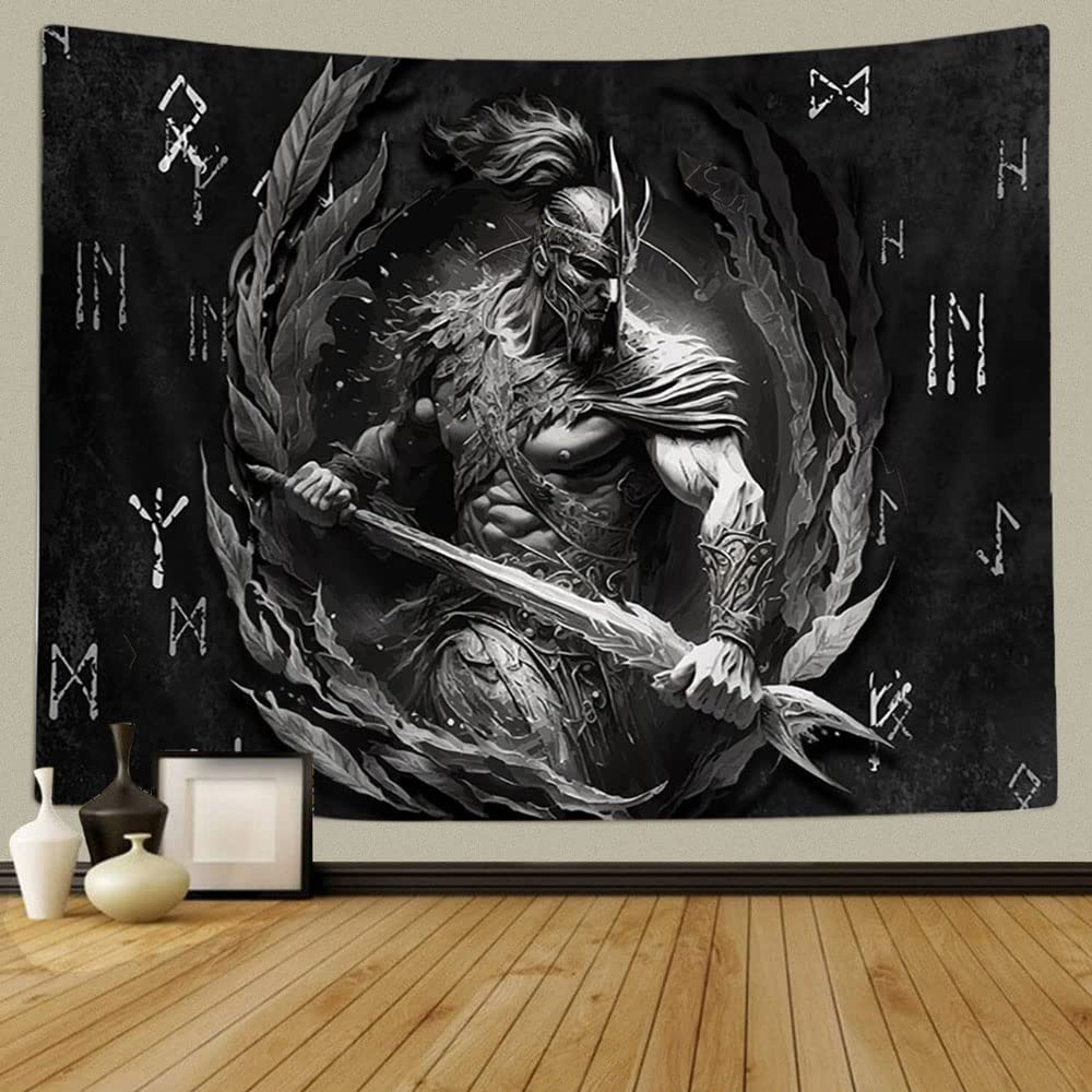 Xiaoput Viking Decor Tapestry, Warrior Sword Black and White Ancient Art Wall Tapestry, Nordic Meditation Runes for Men Bedroom Gothic Room Dorm Decor