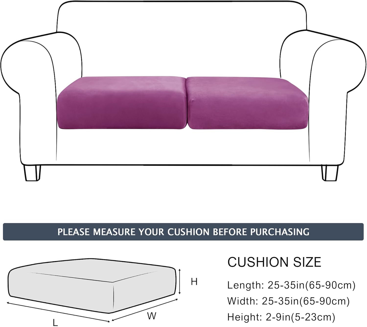 CONRUSER Stretch Couch Cushion Cover, Soft Velvet Cushion Slipcover for Extra Large Sofa Individual Seat Cushion Covers Furniture Protector with Elastic Bottom (2, Purple)