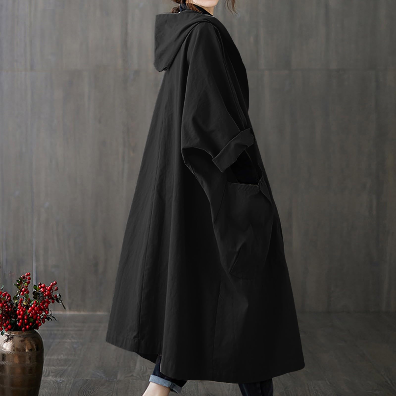Generisch Veste de pluie fine pour femme printemps hiver manteau long veste trench avec capuche vêtements d'extérieur surdimensionné taille unique surdimensionné veste coupe-vent vestes fines