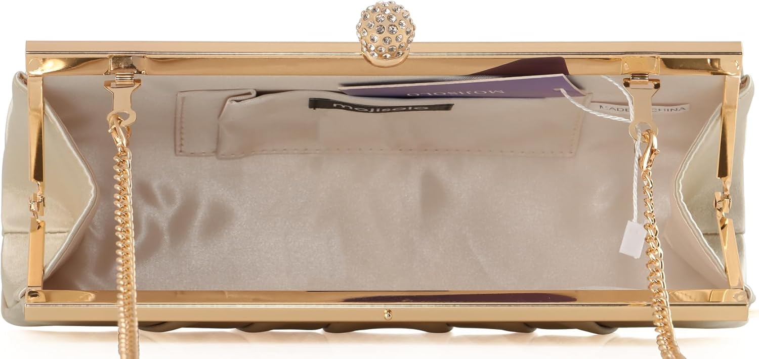 MOJISOLO Women's Evening Clutch Bag with Sparkling Crystal Buckle, Pleated Satin, Detachable Chain Strap for Wedding