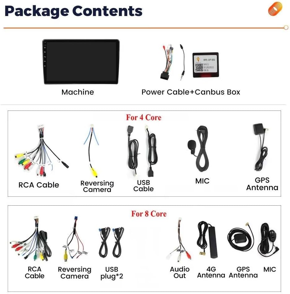 Diagram showing all components included in the RONGJI Android Car Radio package, including the main unit, power cables, RCA cables, USB cables, microphone, and GPS antenna.