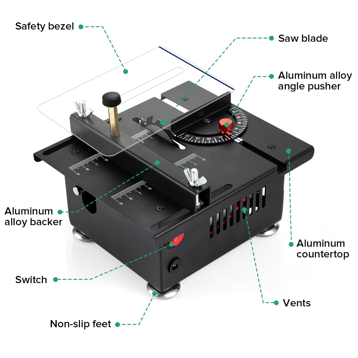 Mini sierra de mesa multifuncional, mini sierras de mesa para manualidades, mini sierra eléctrica portátil de escritorio para corte de madera, altura y ángulo ajustables con más accesorios, para 7