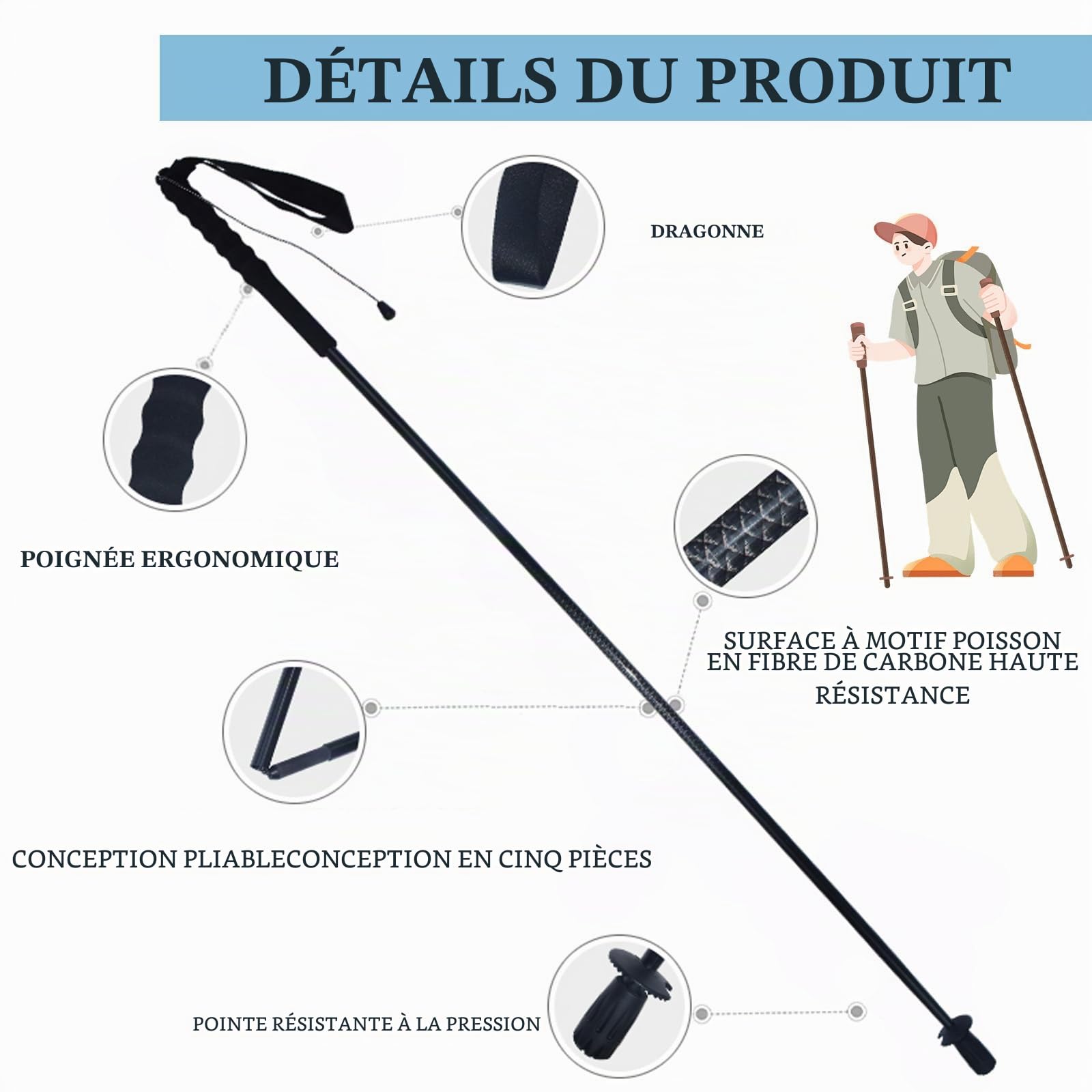 OKHEALING Bâtons de randonnée pliables en 5 parties, légers et durables, 1 paire, fibre de carbone T800 haute résistance, prise droite, convient pour la randonnée, le trekking et l'alpinisme