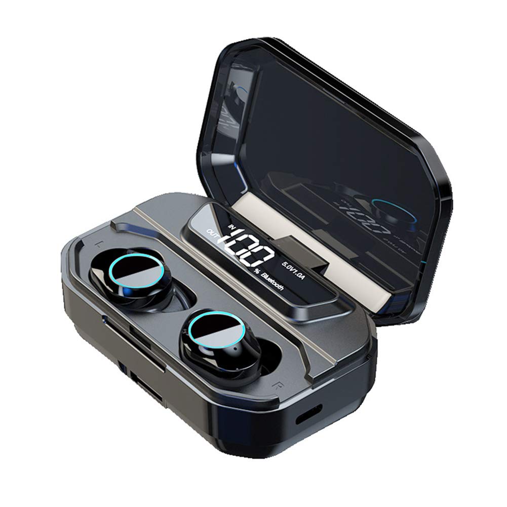 Deporte Auriculare Bluetooth 5.0 con Micrófono, Impermeable Auricular Inalámbrico HiFi Mini Twins Estéreo In-Ear Bluetooth con Caja de Carga Portátil, IPX6 HiFi, Black