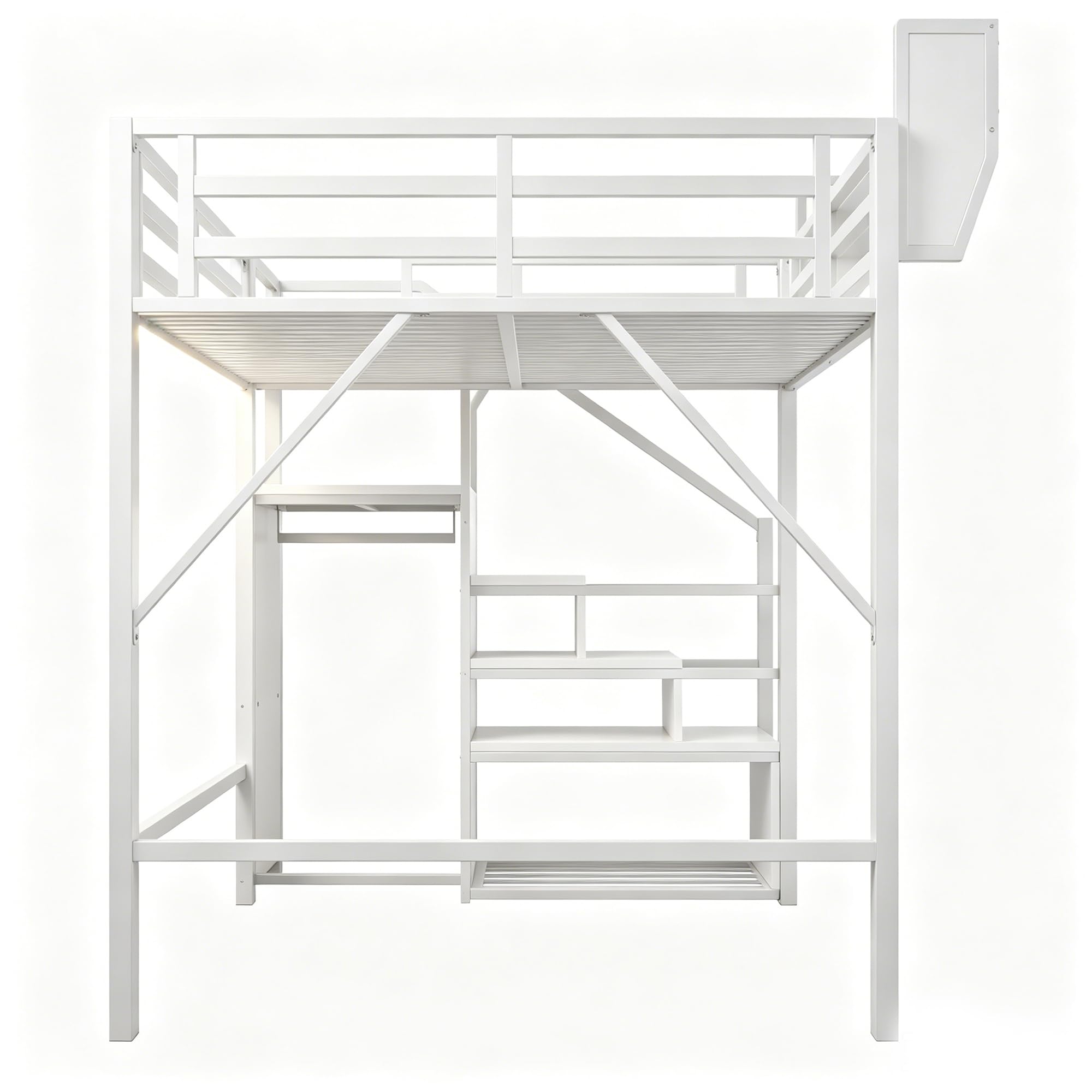 Moimhear Cama alta de hierro, con escalera de seguridad y espacio de almacenamiento flexible, cama de metal, cama para adultos (blanco, 140 x 200 cm)