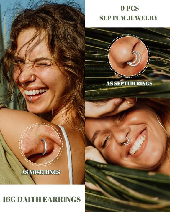 Besteel 9 Pcs Hypoallergenic Septum Rings 16G Surgical Steel CZ Opal Clicker Hinged Nose Rings Hoop for Women Men Lip Conch Tragus Helix Daith Cartilage Earrings 8mm 10mm - Image 5