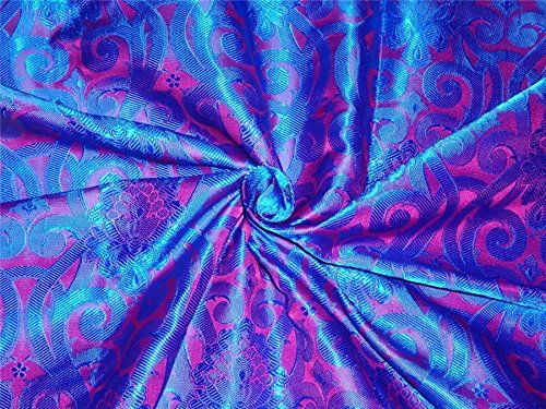 Tissu brocart en soie bleu et rose 112 cm BRO478 pour haute couture