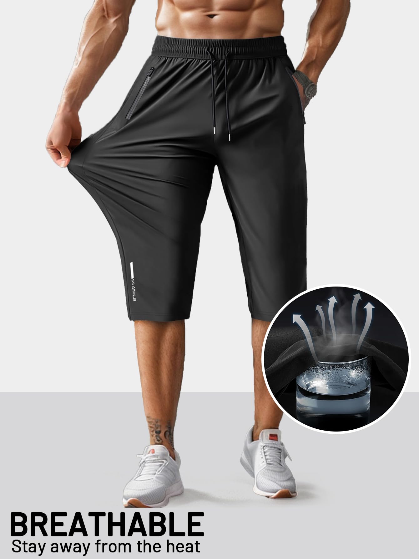 Hidkat Męskie spodnie capri 3/4 joggery siłownia / trening / wędrówki poniżej kolan długie szorty lekkie szybkoschnące z kieszeniami na zamek błyskawiczny
