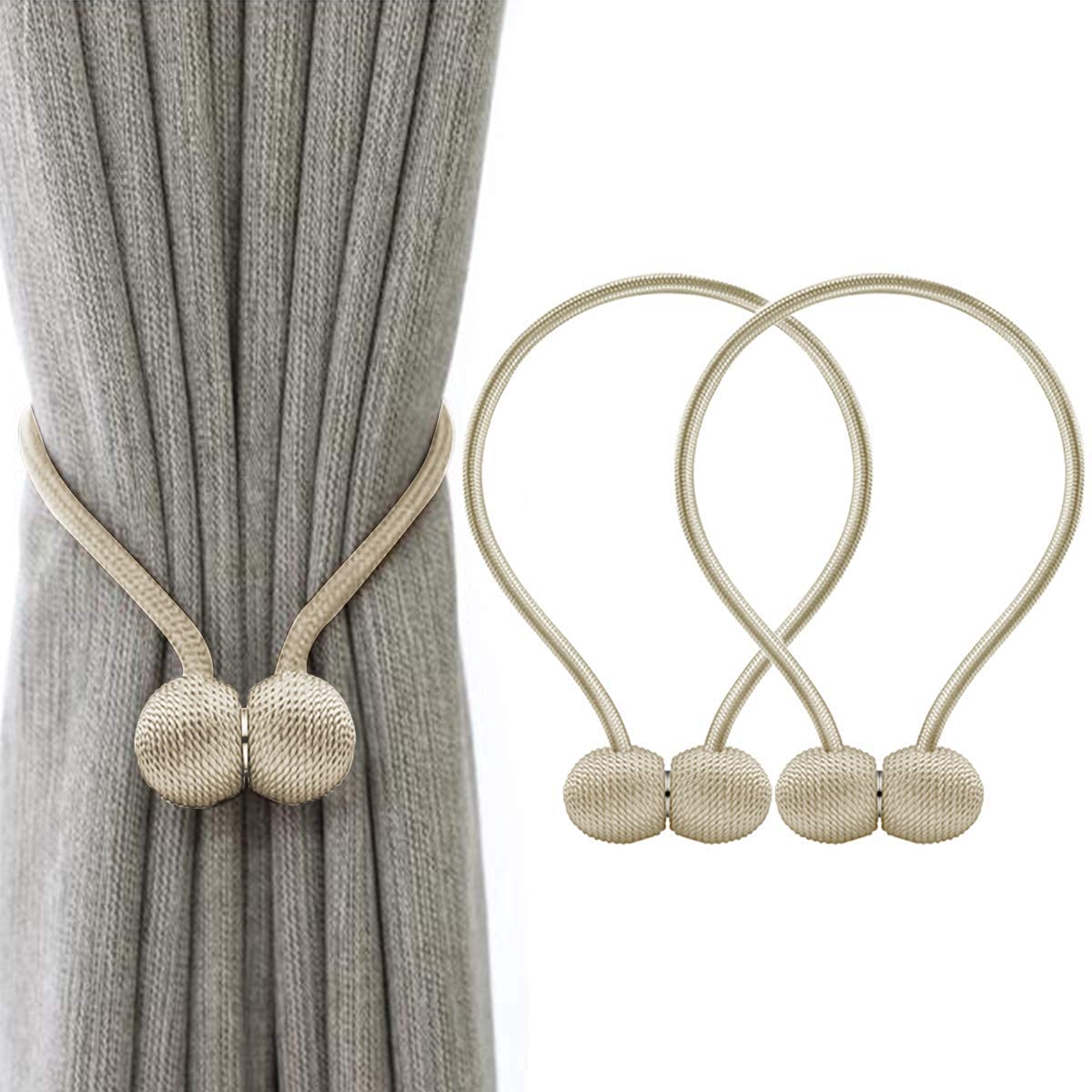 Mirramor Magnetic Curtain Tiebacks Curtain Clips Rope Holdbacks Curtain Weaving Holder Buckles for Home Office Decoration (1 Pair, 2 Pcs-Beige)