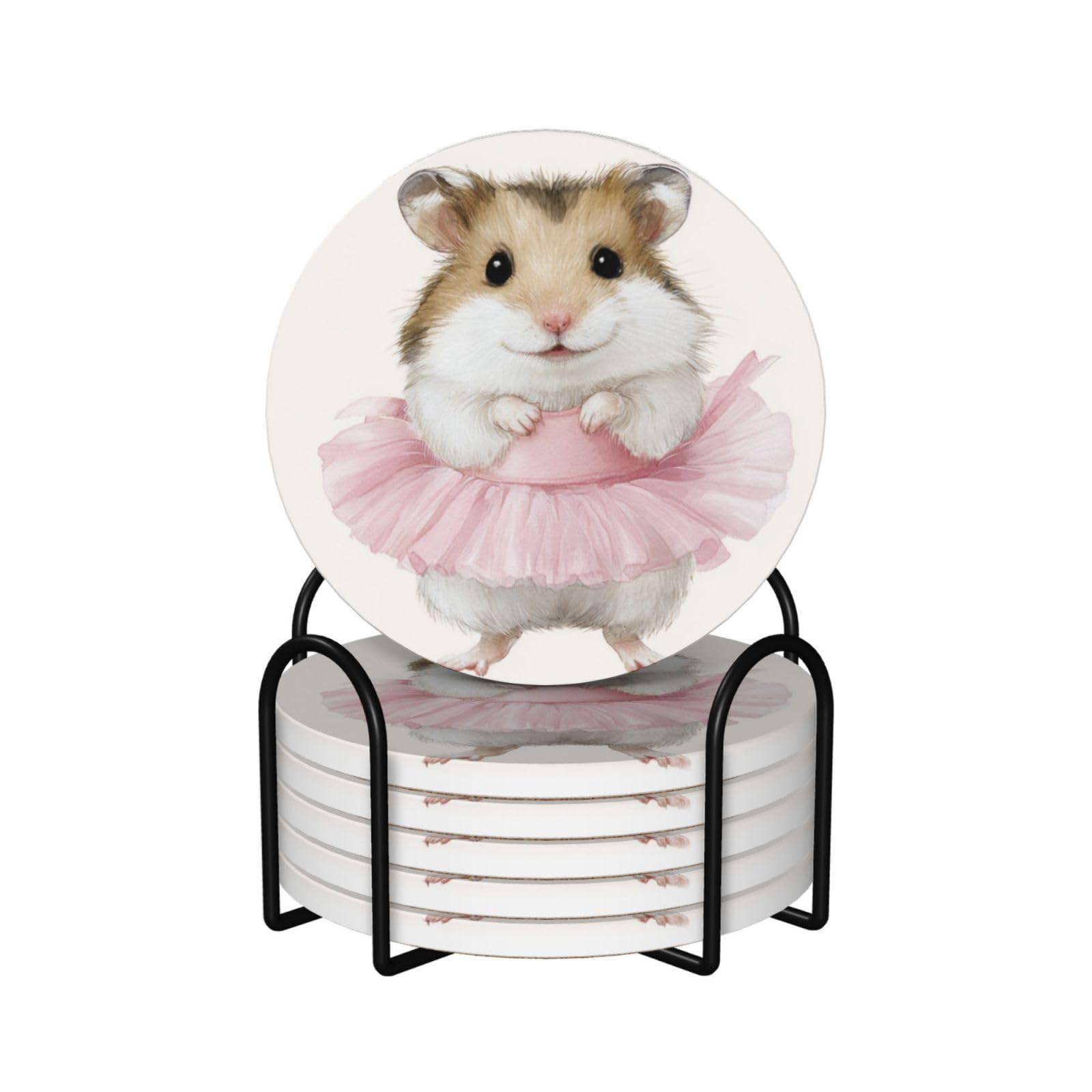 Cute Hamster Ballerina Ceramic Coasters with Holder 6ps